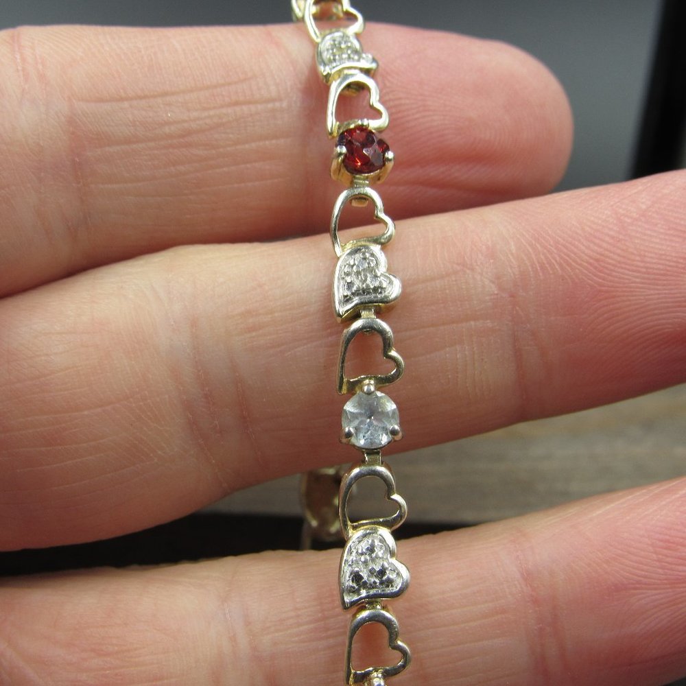 7" Sterling Silver Peridot Citrine Amethyst Hearts Bracelet Vintage